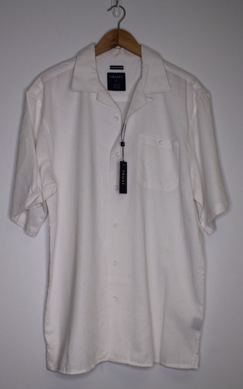 TRUST Linen Blend Shirt Mens XL White Short Sleeve Button Up - NWT!